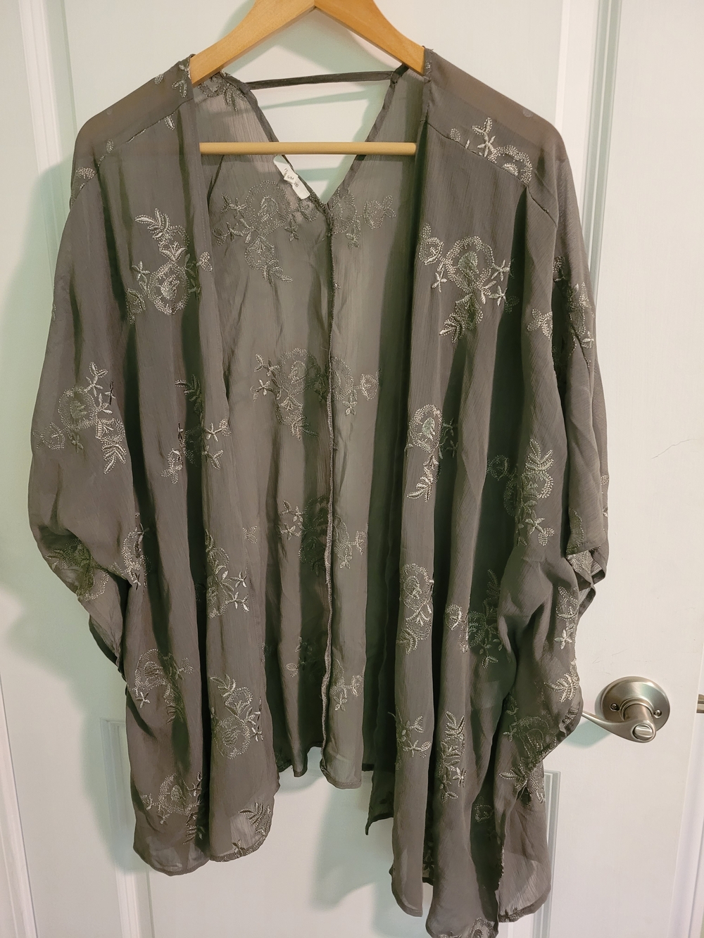 Maurices Sheer Embroidered Kimono in Olive